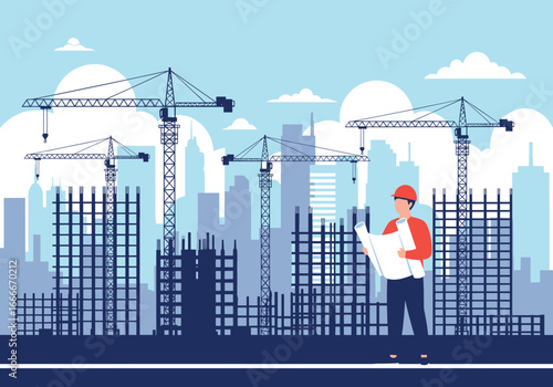 Construction worker examining blueprints on a building site with cranes and skyscrapers