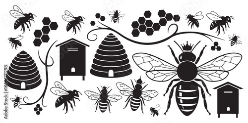 Collection of stylized black silhouette illustrations featuring bees beehives and honeycombs arranged artistically on a transparent background isolated on transparent background
