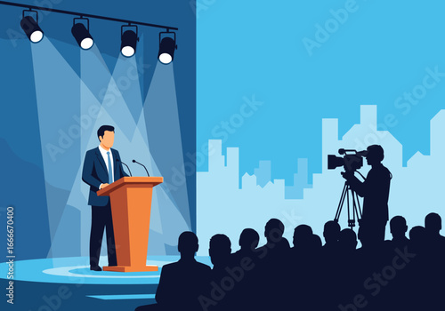 Politician delivering speech on stage with audience and media coverage