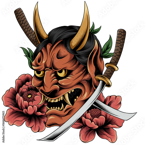 Japanese Oni Mask with Samurai Katana and Peony Flowers Illustration