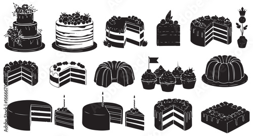 Collection of various delicious baked cakes and pastries including layered cakes bundt cakes cupcakes and slices isolated on transparent background