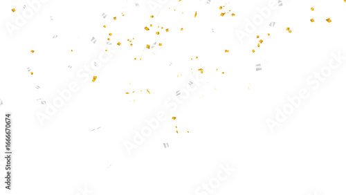 Falling gold and silver confetti with various shapes like squares and circles. Festive celebration element for parties, events, and holidays. Isolated image with a transparent background.