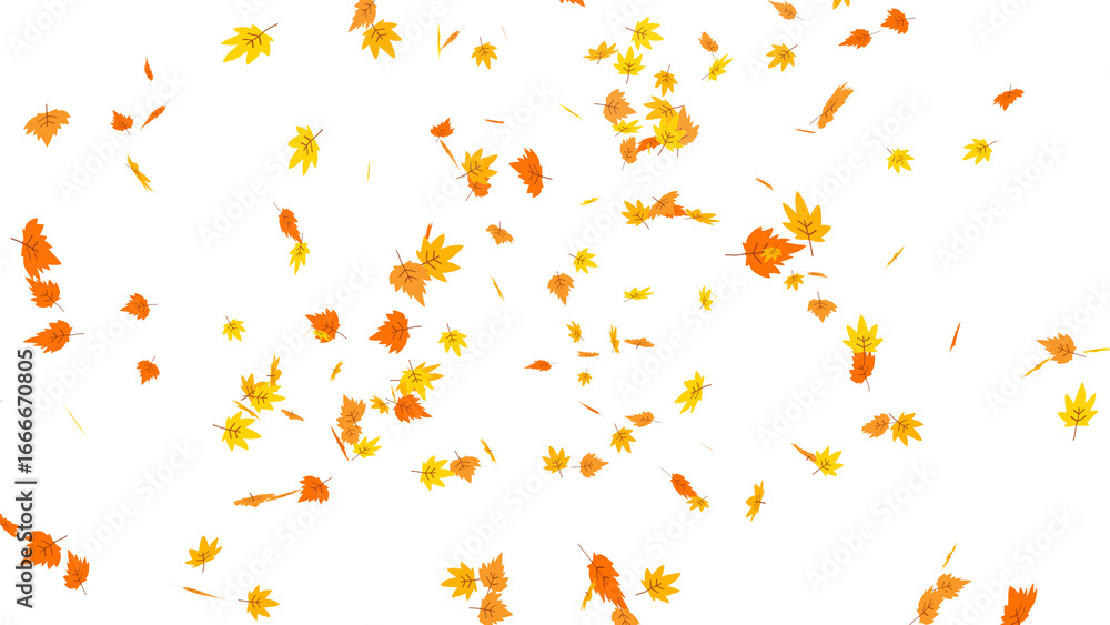 Fototapeta premium A vibrant cascade of falling autumn leaves in warm shades of orange and yellow. Seasonal illustration featuring a dynamic leaf fall, perfect for nature-themed designs with a transparent background.