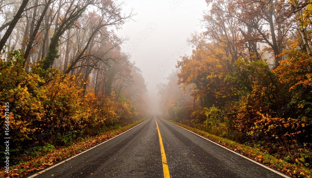 Fototapeta premium Misty Road Through Autumn Forest with Colorful Foliage