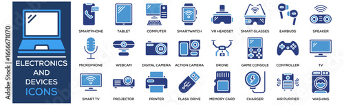 Electronics and Devices icon collection set. Containing design Smartphone, Tablet, Laptop, Desktop Computer, Smartwatch