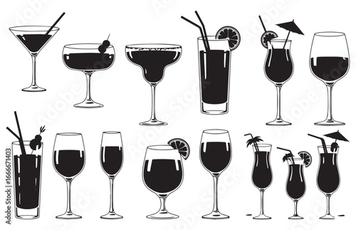 Collection of various cocktail glasses and drinks with garnishes and straws isolated on transparent background