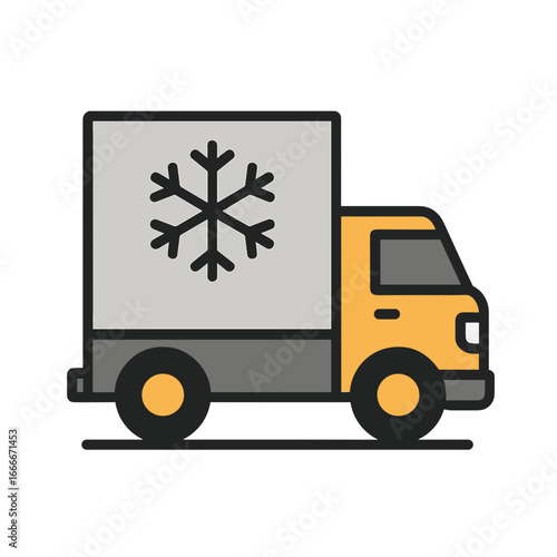 Frozen goods delivery truck with snowflake symbol representing cold storage transportation against on a transparent background