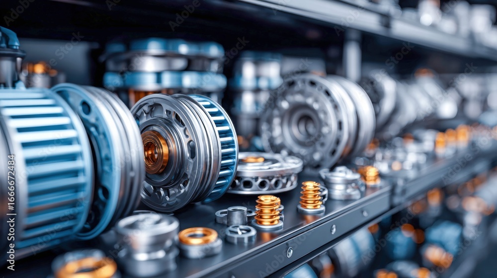 Fototapeta premium A detailed image showcasing industrial metal components in an organized display setting.
