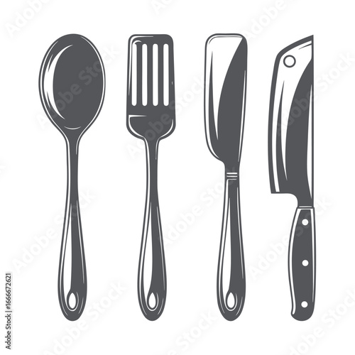 Four dark grey kitchen utensils spoon spatula knife and cleaver on white background fork