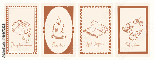 Cute autumn vintage posters. Vector illustrations in ink line doodle sketch. Print, postcard stamp, autumn engraving emblem, placard.