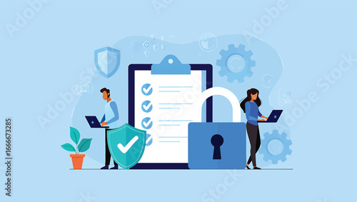 Cybersecurity concept digital security checklist and locked symbol with people using laptops
