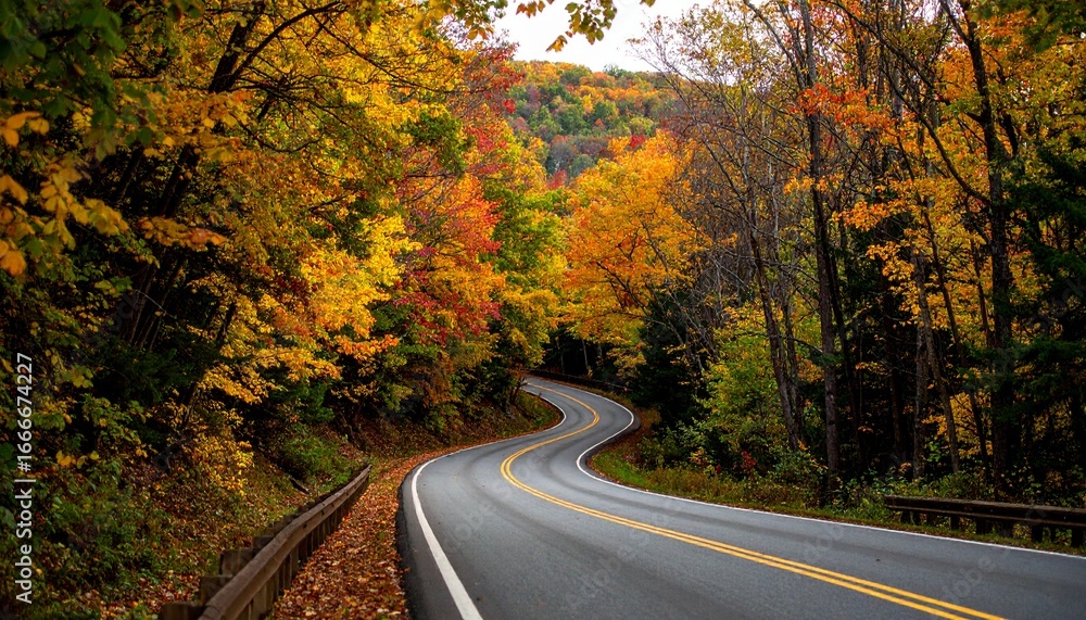Naklejka premium Scenic Winding Road Through Vibrant Autumn Forest with Colorful Fall Foliage