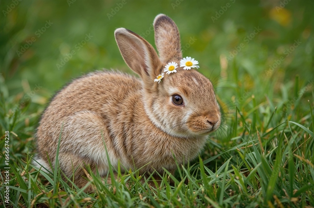 Fototapeta premium Rabbit sitting in a meadow with a floral headpiece, celebrating spring and Easter