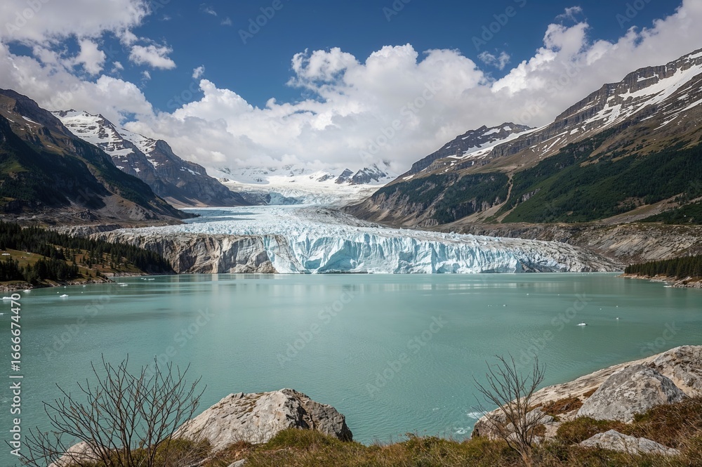 Obraz premium Glacier-fed lake signaling the start of a major river amid alpine peaks, featuring protective ice coverings to minimize meltwater