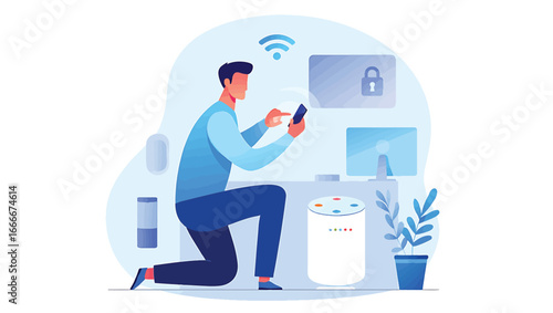 Smart Home Automation Illustration Man Using Phone to Control Devices at Home