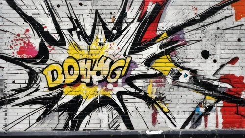 Urban Explosion: Dynamic Graffiti Art on Brick Wall, 