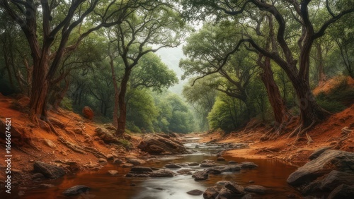 Tranquil Forest Stream: Red Earth, Green Canopy, Serene Waterscape