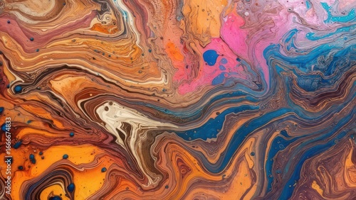 Dynamic Fluid Art Swirls: Earthy Orange, Blue, Pink Marbled Paint with Unique Droplets Texture