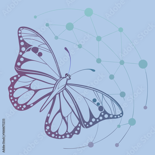 Abstract system of flowing butterfly digital strands and luminous dots. Gradients transition smoothly from aquamarine to lavender and sky blue. Transparent vector background, wide layout.