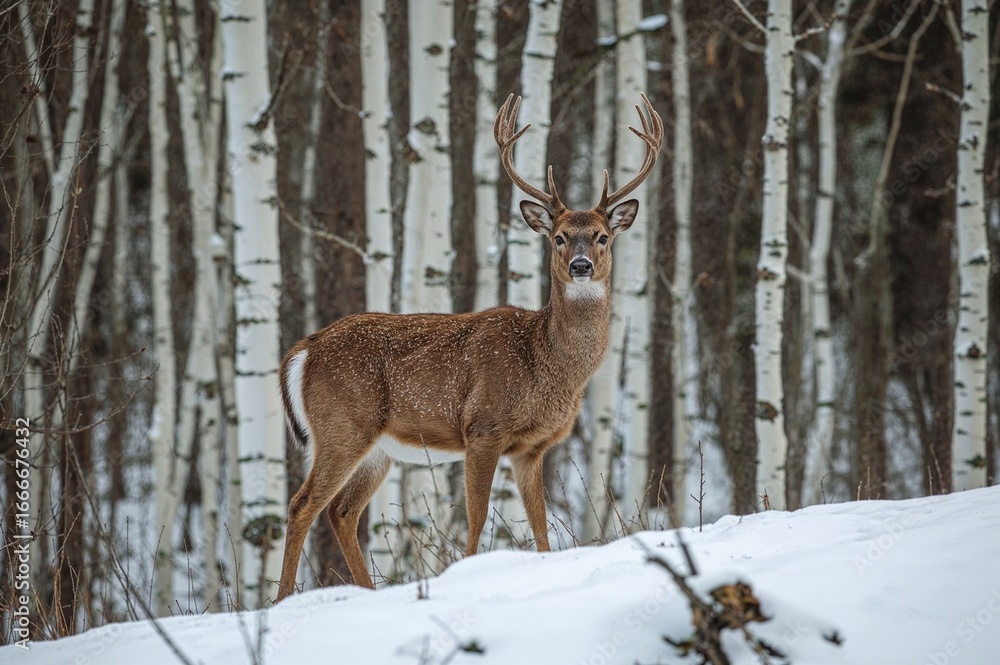 Fototapeta premium Mature Female Red Deer Standing on a Snowy Slope