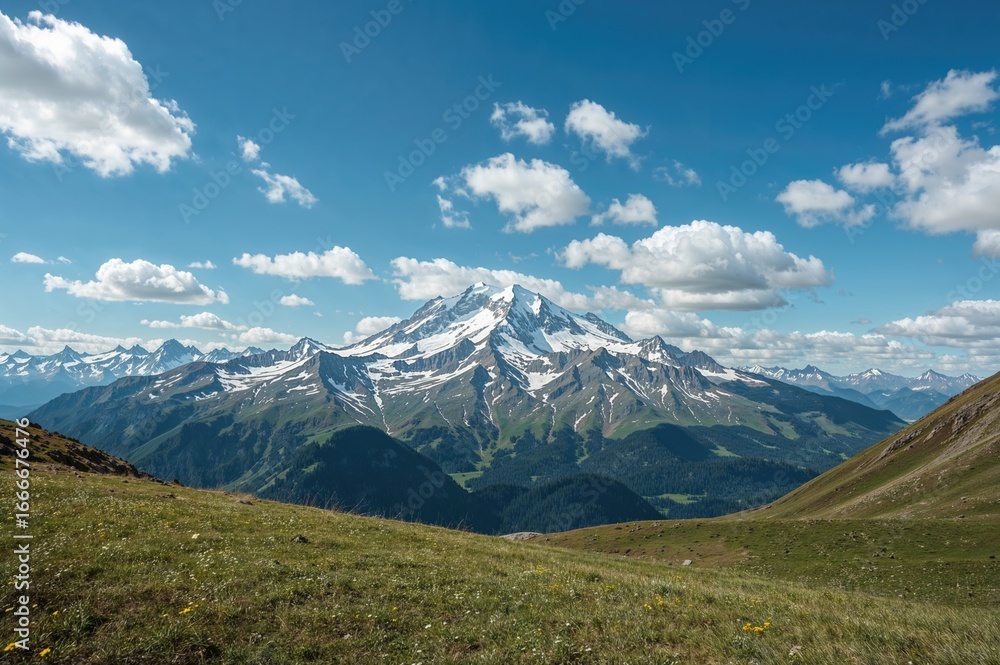 Fototapeta premium Scenic Mountain Landscape Featuring Snowy Peaks and Lush Green Grass Under a Clear Blue Sky