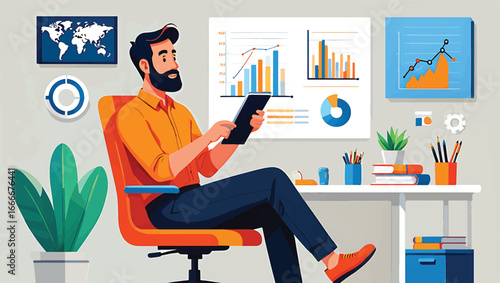 Businessman Analyzing Data on Tablet in Modern Office