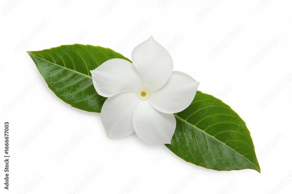 Naklejka premium Isolated white jasmine bloom with green leaves on a plain background