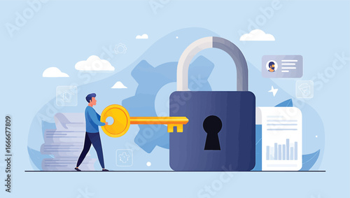Digital security concept A person with a key unlocks a padlock, representing data protection, privacy, and secure access management solutions