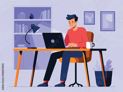 Young man working on a laptop at his desk. Vector illustration of a freelancer or student in a modern home office environment