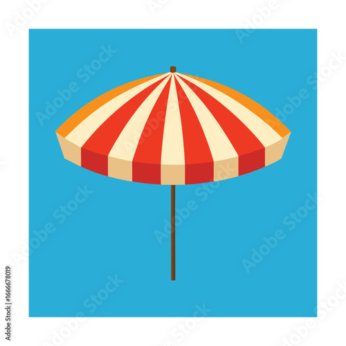 Red and white striped umbrella on blue background beach