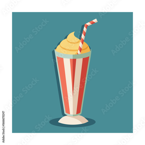 Retro milkshake with striped glass and straw drink
