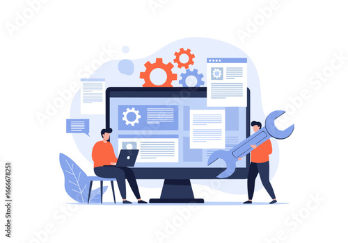 Web developers working on website maintenance with computer screen and wrench icon