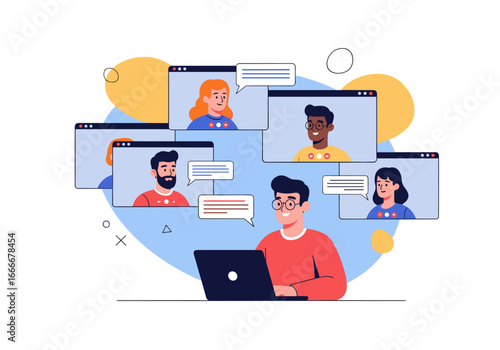 Group video call with diverse team members working remotely during a virtual meeting