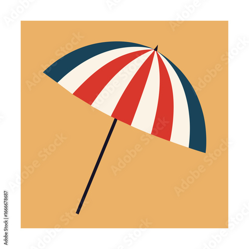 Striped beach umbrella on a tan background summer vacation