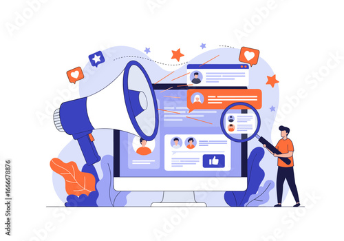 Social media marketing concept with megaphone and user profiles on a modern computer screen