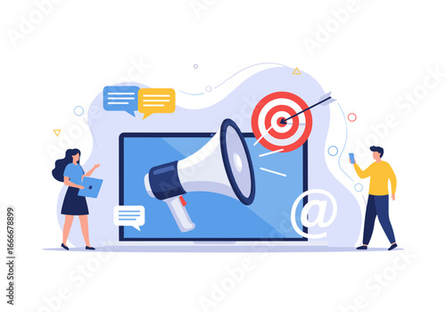 Digital marketing strategy hitting the target with megaphone and email marketing concept