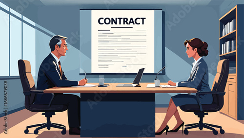 Business Meeting Reviewing a Contract and Negotiating Terms in an Office Setting