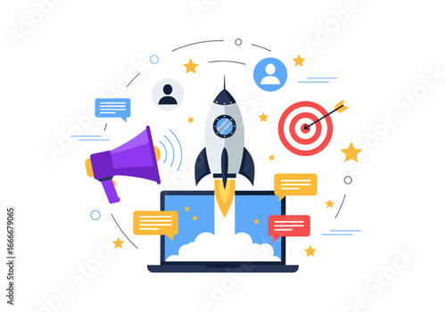 Business startup launch with rocket soaring towards target goal, success concept, marketing strategy