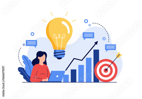 Businesswoman brainstorming new ideas with laptop, achieving goals and targets successfully