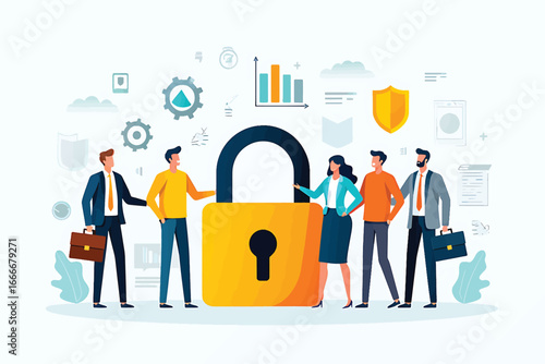 Team of colleagues gathered around a giant lock, representing corporate data security and information privacy