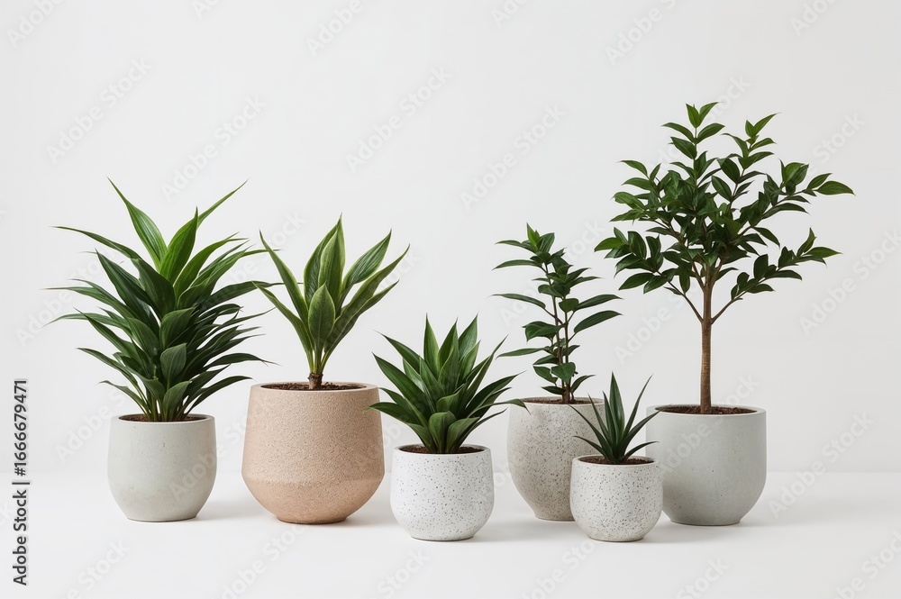 Fototapeta premium Artificial plants in fiber pots on a white backdrop