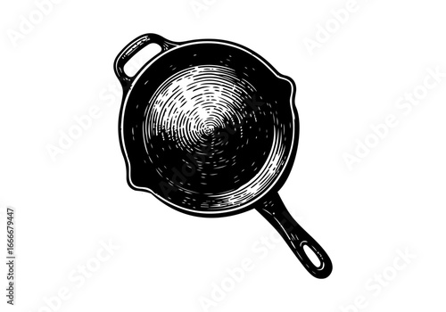 Cast iron skillet hand drawn vector illustration