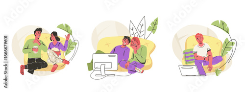 Banners and stickers set for online TV movie platform, vector illustration isolated on white background. Online cinema and broadcasting banners for digital media.