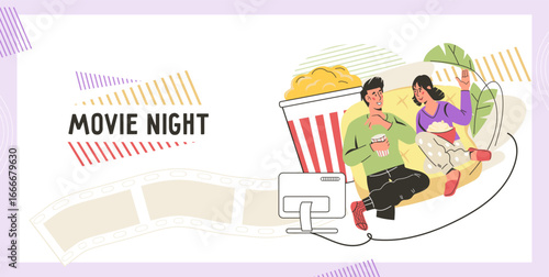 Banner for online television and movie platforms advertising, vector illustration. Online video and movie broadcasting, banner for cinemas. Web banner for digital media.
