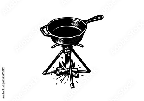 Cast iron skillet hand drawn vector illustration