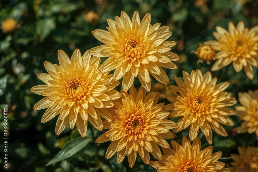 Obraz premium Closeup of Vibrant Yellow and Orange Chrysanthemum Blooms in an Autumn Garden