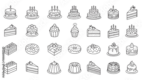 Cake line icon set. Vector pictograms of birthday cakes, wedding, cupcakes, pastry dessert, cheesecake thin linear illustration.