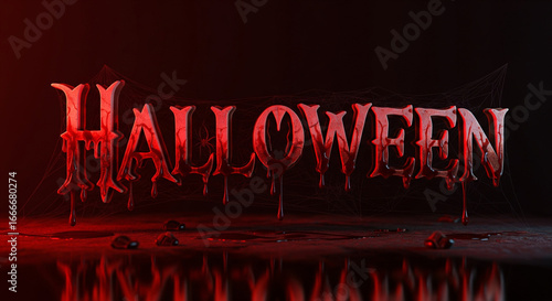Spooky Halloween text with a horror-themed bloody font, featuring dripping effects and reflections on a dark, mysterious surface, ideal for seasonal designs