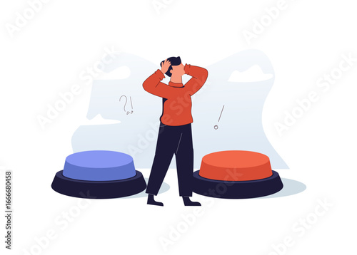 Young man choosing button to push. Concept of difficult choice between two options, alternatives or opportunities