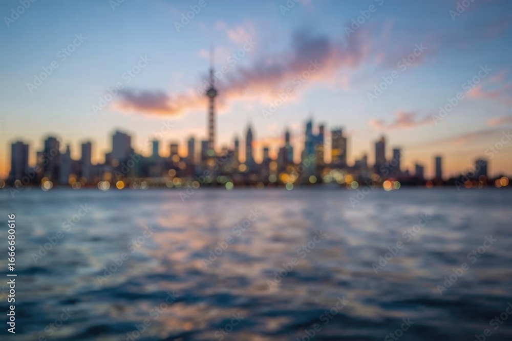 Fototapeta premium Blurred urban lights with water and sky, abstract bokeh background, colorful travel scenery wallpaper